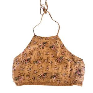 AMERICAN EAGLE Floral Yellow Linen Blend Eyelet Cropped Halter Top Size M